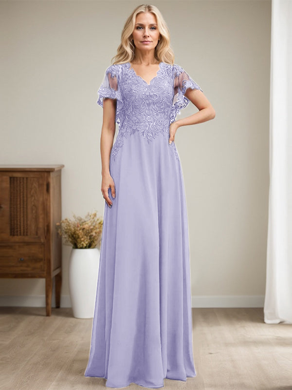 A-Linie V-Ausschnitt Bodenlanges Spitzen-Chiffon-Kleid für die Brautmutter mit Pailletten