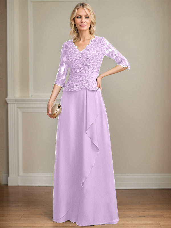 A-Linie, V-Ausschnitt, bodenlanges Chiffon-Kleid für die Brautmutter mit kaskadierenden Rüschen und Pailletten