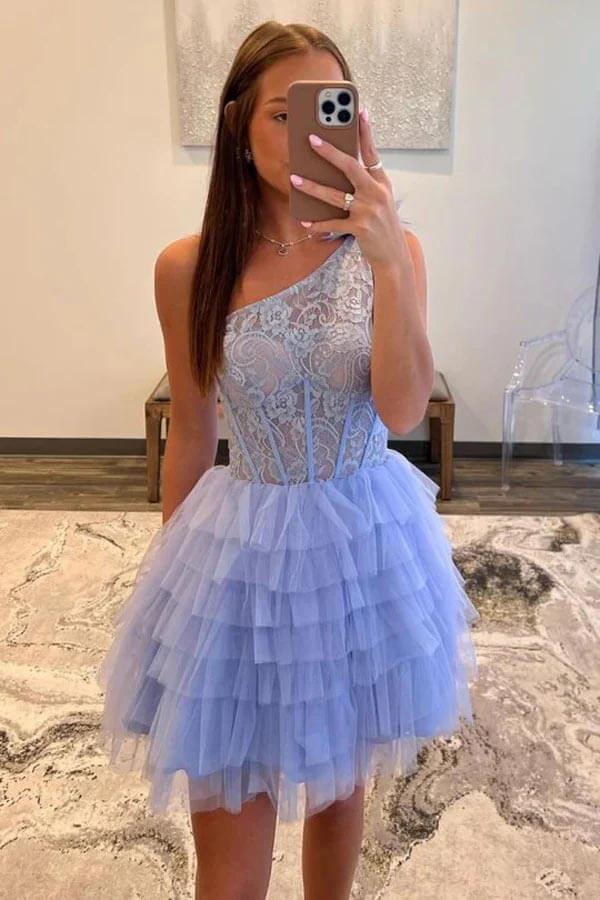 Lavendel A-Linie One-Shoulder Lagenrock Spitze Homecoming Kleider
