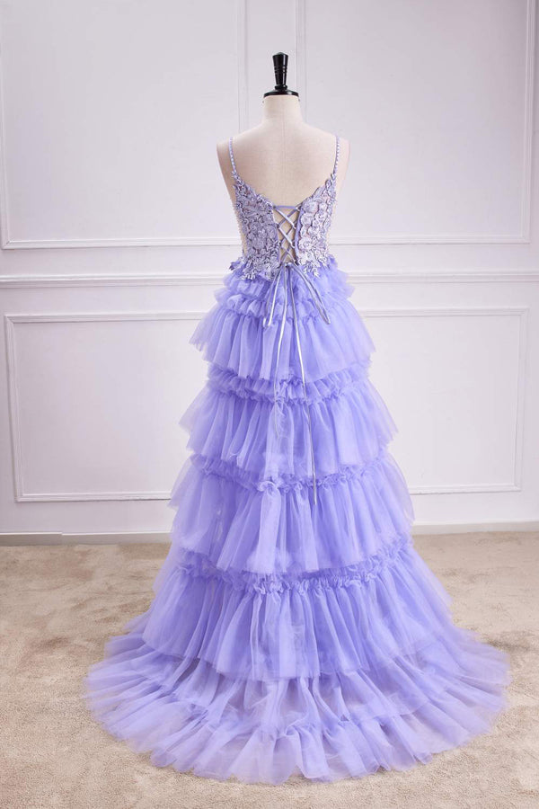 Vestido de fiesta largo de corte A con capas florales y escote en V pronunciado en color lavanda