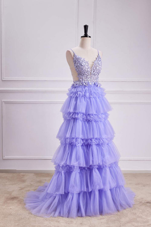 Vestido de fiesta largo de corte A con capas florales y escote en V pronunciado en color lavanda