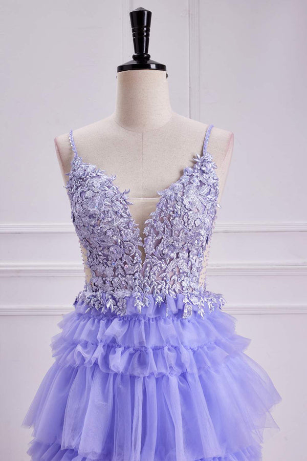 Vestido de fiesta largo de corte A con capas florales y escote en V pronunciado en color lavanda