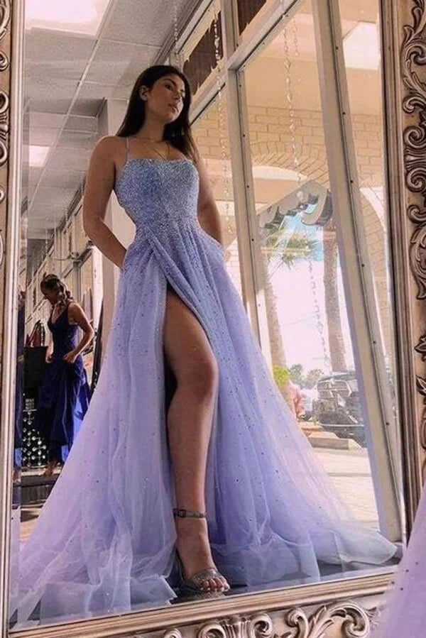 Lavender Tulle A-line Beaded Long Prom Dresses Party Dresses With Slit