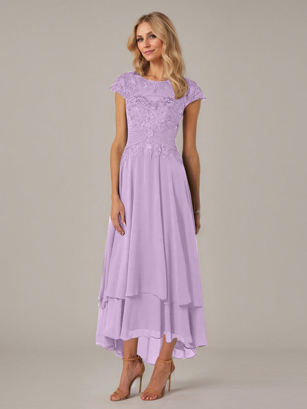 Vestido de madre de la novia de gasa asimétrica con escote barco, ilusión, corte A y encaje con pliegues y apliques