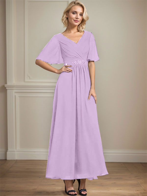 A-Linien-Kleid aus Chiffon mit V-Ausschnitt und Knöchellänge für die Brautmutter mit plissierten Perlen und Pailletten