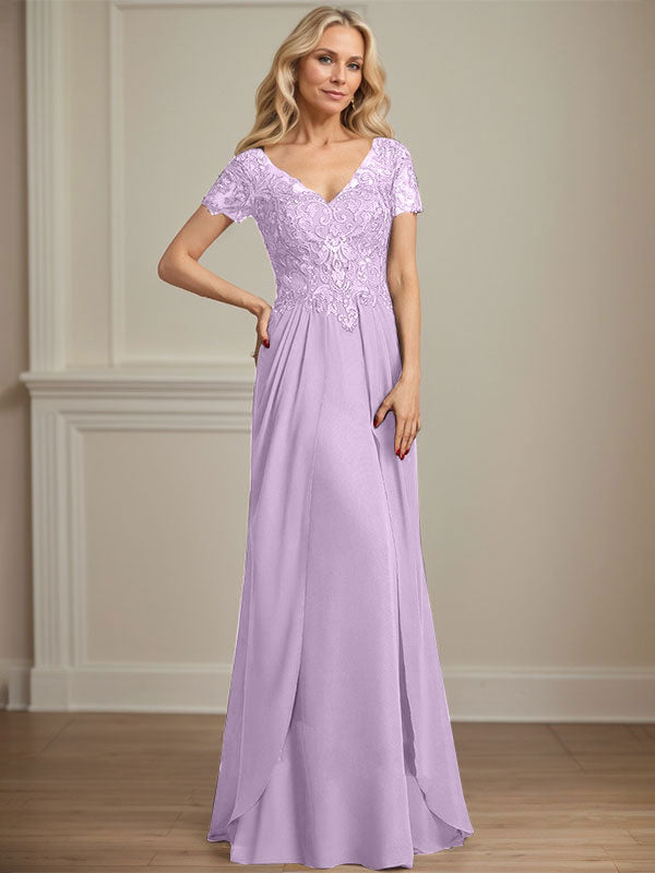 A-Linie V-Ausschnitt Bodenlanges Chiffon-Spitzenkleid für die Brautmutter
