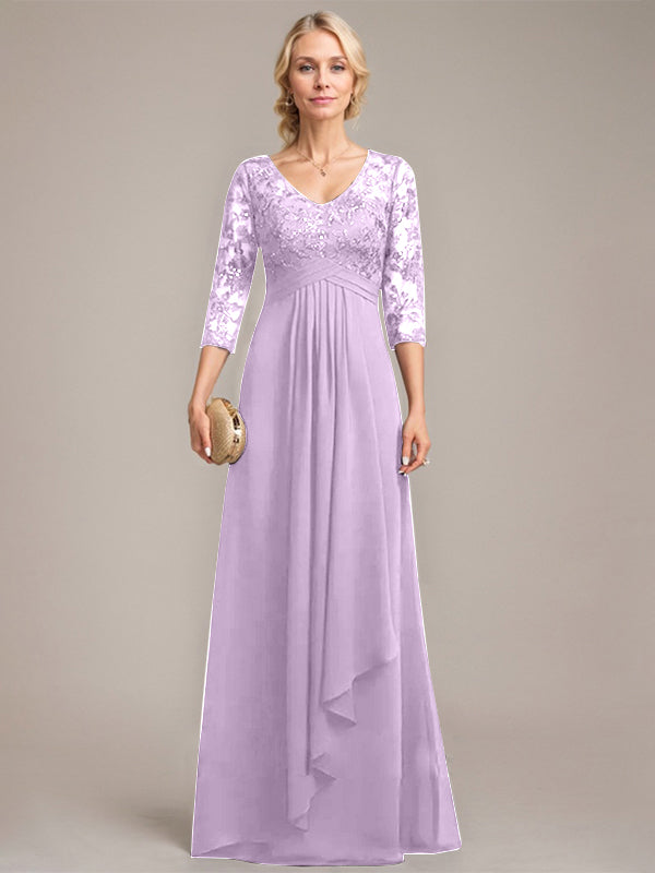 A-Linie, V-Ausschnitt, bodenlanges Chiffon-Kleid für die Brautmutter mit kaskadierenden Rüschen und Pailletten