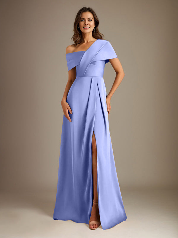 Vestido de madre de la novia de satén con escote asimétrico en forma de A y largo hasta el suelo con pliegues