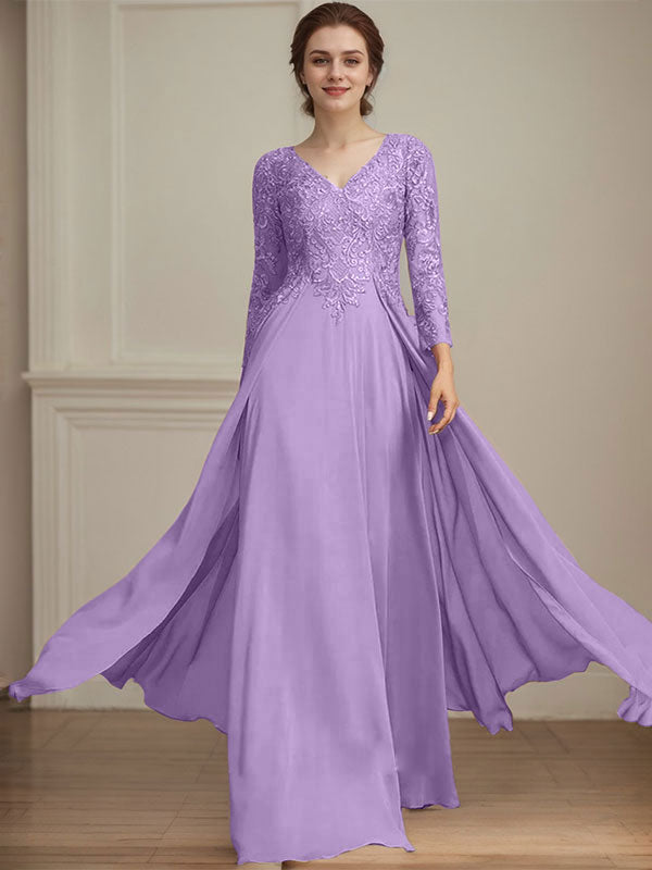 A-Linie V-Ausschnitt Bodenlanges Spitzen-Chiffon-Kleid für die Brautmutter mit Pailletten