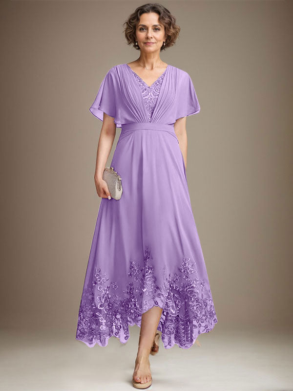 A-Linie V-Ausschnitt Asymmetrisches Spitzen-Chiffon-Kleid für die Brautmutter mit Plissee