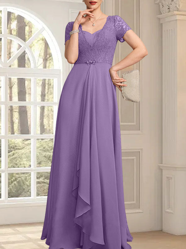 A-Linie, Herzausschnitt, bodenlang, Chiffon, Spitze, Kleid für die Brautmutter mit Perlenbesatz, kaskadierenden Rüschen