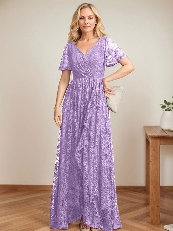 A-Linien-Kleid mit V-Ausschnitt, asymmetrischer Spitze für die Brautmutter mit kaskadierenden Rüschen