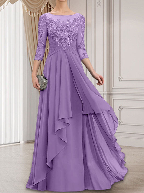 Vestido de gasa con encaje, corte A, escote ilusión, largo hasta el suelo, para madre de la novia con volantes en cascada