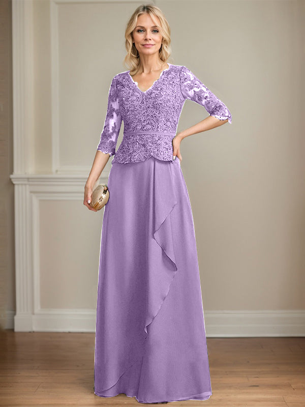 A-Linie, V-Ausschnitt, bodenlanges Chiffon-Kleid für die Brautmutter mit kaskadierenden Rüschen und Pailletten