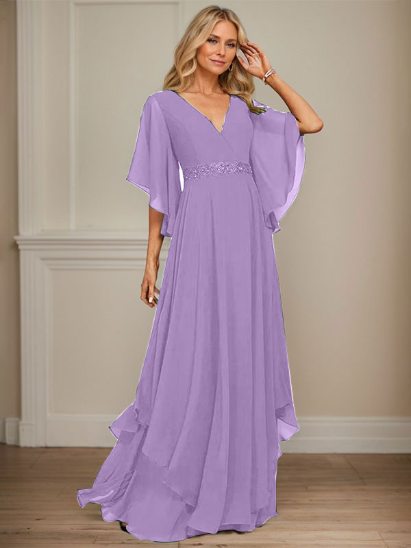 A-Linie V-Ausschnitt Bodenlang Chiffon Kleid für die Brautmutter mit Pailletten Applikationen Spitze Perlen