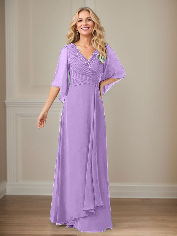 A-Linie V-Ausschnitt Lange Pailletten Chiffon Mutterkleid