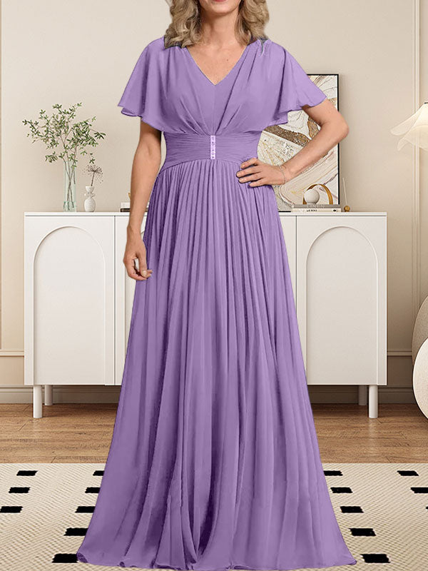 A-Linie V-Ausschnitt Bodenlang Chiffon Mutter der Braut Kleid Mit Kristall Brosche Plissee