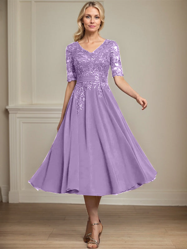 A-Linie V-Ausschnitt Wadenlanges Spitzen-Chiffon-Kleid für die Brautmutter mit Pailletten