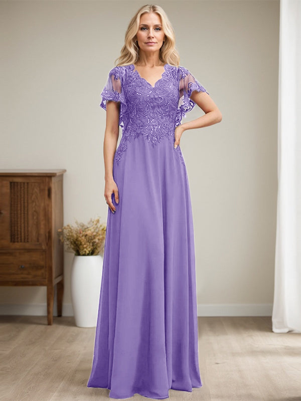 A-Linie V-Ausschnitt Bodenlanges Spitzen-Chiffon-Kleid für die Brautmutter mit Pailletten