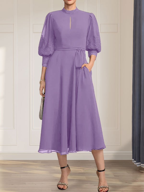 Vestido de gasa con encaje, cuello alto, largo hasta la rodilla, para madre de la novia con lazo