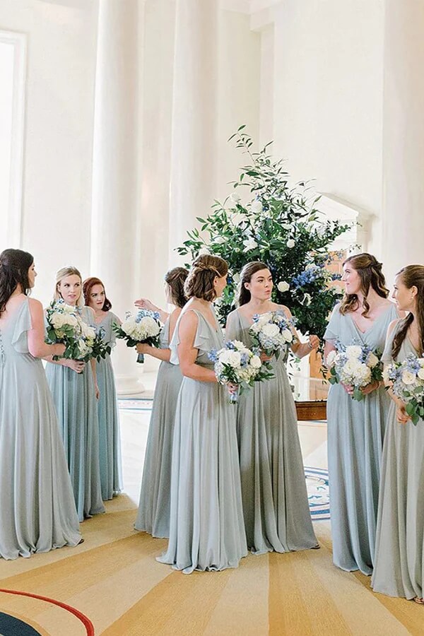 Light Blue Chiffon A-line V-neck Bridesmaid Dresses, Wedding Party Dress