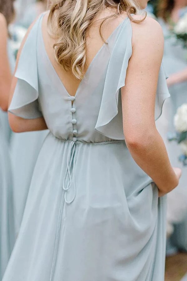 Light Blue Chiffon A-line V-neck Bridesmaid Dresses, Wedding Party Dress