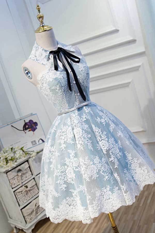 Light Blue Halter Lace Appliques Homecoming Dresses, Short Prom Dress