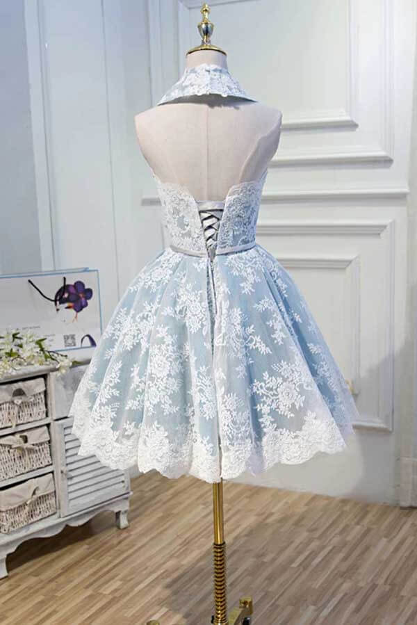 Light Blue Halter Lace Appliques Homecoming Dresses, Short Prom Dress