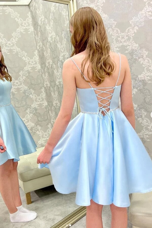 Light Blue Satin Cheap Homecoming Dresses, Beaded Short Party Dresses