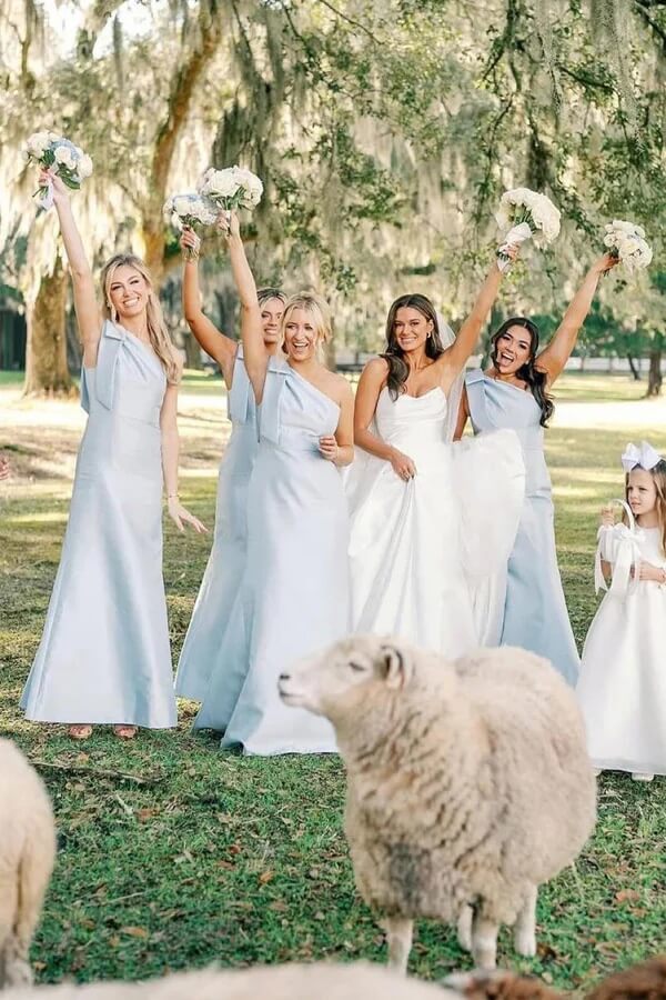 Light Blue Satin Sheath One Shoulder Floor Length Bridesmaid Dresses