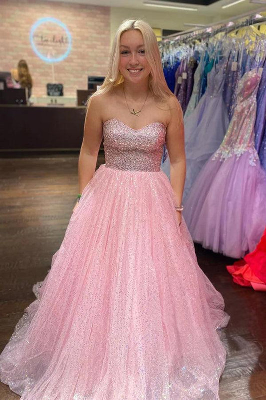 Vestido de fiesta largo de tul brillante sin tirantes, corte A, rosa claro, largo hasta el suelo, PSK411