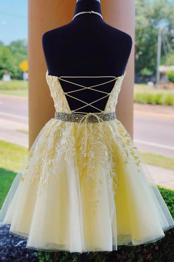 Light Yellow Lace Beaded A-line High Neck Homecoming Dresses