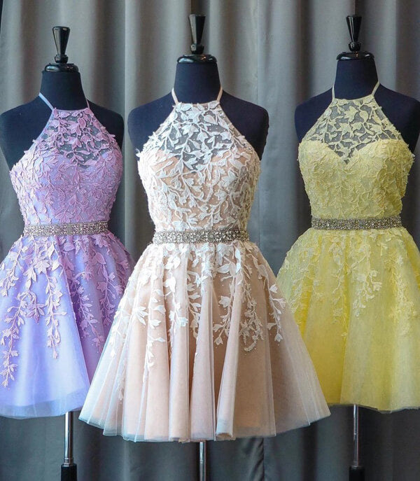 Light Yellow Lace Beaded A-line High Neck Homecoming Dresses