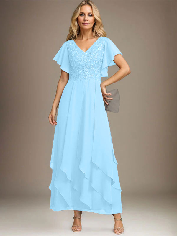 A-Linien-Kleid mit V-Ausschnitt, knöchellang, Spitzenchiffon und kaskadierenden Rüschen