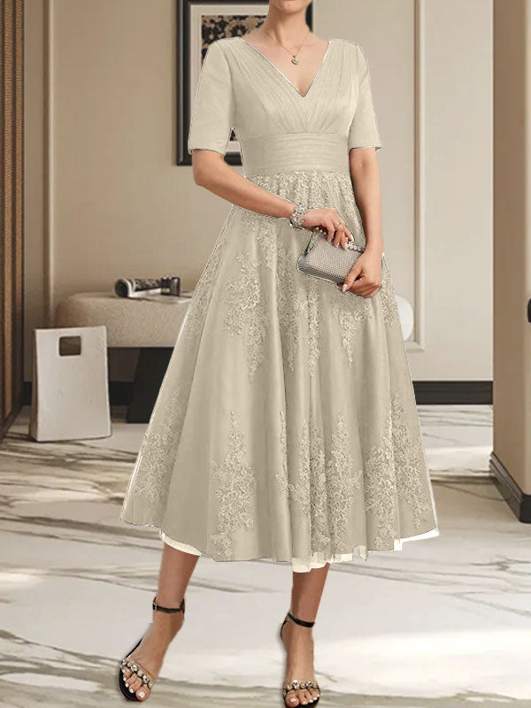 A-line V-Neck Tea-Length Tulle Lace Mother of the Bride Dress With Pleated