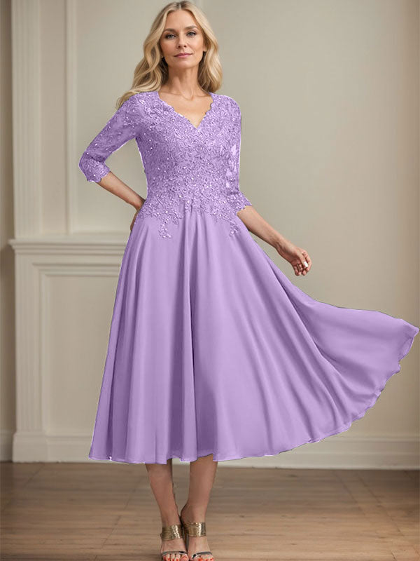 A-Linie, V-Ausschnitt, knielang, Chiffon, Spitze, Kleid für die Brautmutter mit Perlen und Pailletten