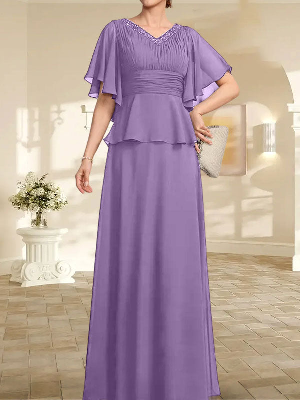 A-Linie, V-Ausschnitt, bodenlanges Chiffonkleid für die Brautmutter mit plissierter Perlenstickerei