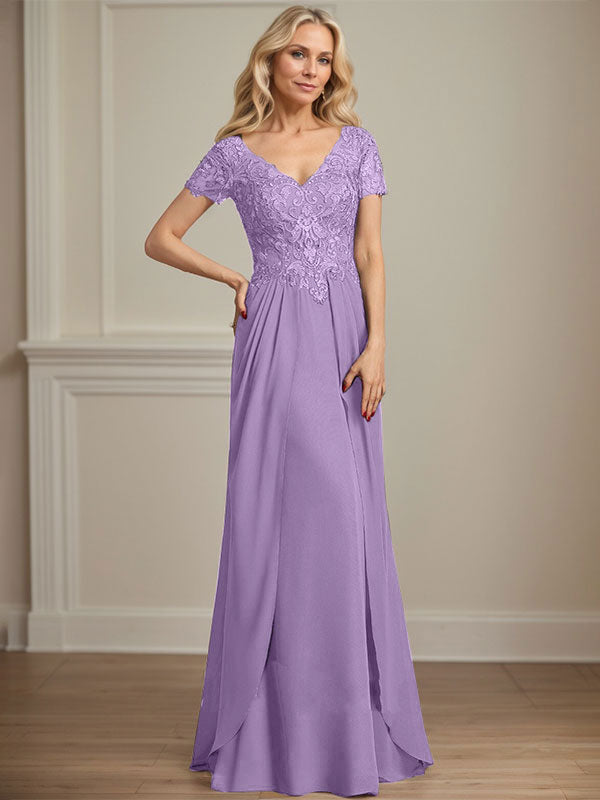 A-Linie V-Ausschnitt Bodenlanges Chiffon-Spitzenkleid für die Brautmutter