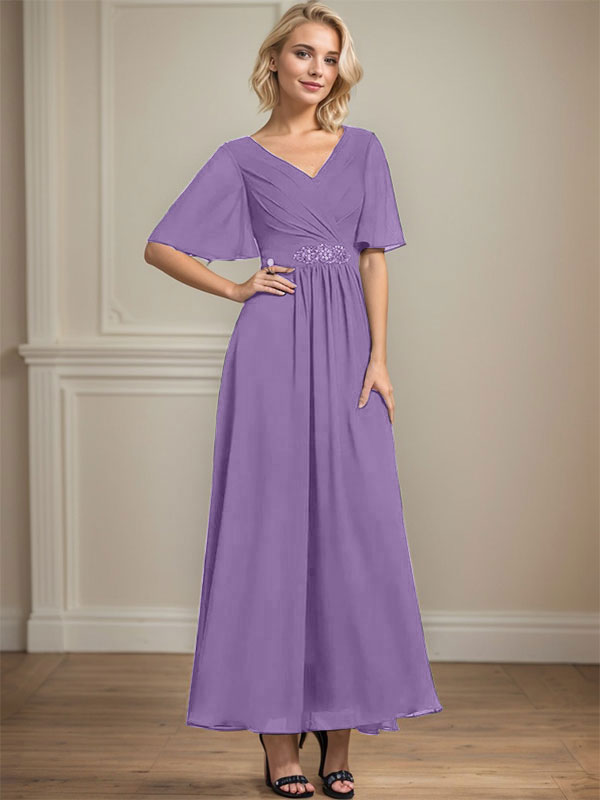 A-Linien-Kleid aus Chiffon mit V-Ausschnitt und Knöchellänge für die Brautmutter mit plissierten Perlen und Pailletten