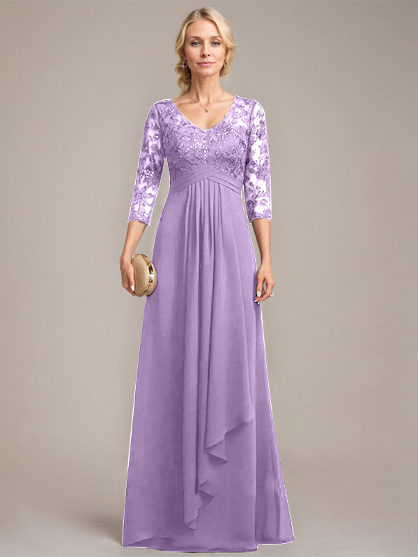 A-Linie, V-Ausschnitt, bodenlanges Chiffon-Kleid für die Brautmutter mit kaskadierenden Rüschen und Pailletten