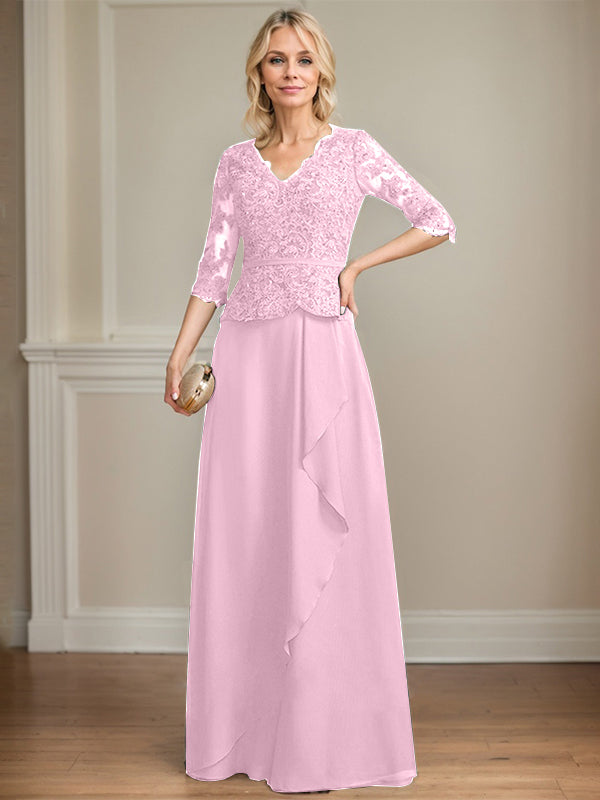 A-Linie, V-Ausschnitt, bodenlanges Chiffon-Kleid für die Brautmutter mit kaskadierenden Rüschen und Pailletten