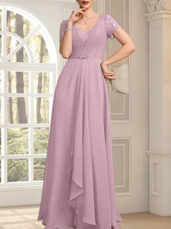 A-Linie, Herzausschnitt, bodenlang, Chiffon, Spitze, Kleid für die Brautmutter mit Perlenbesatz, kaskadierenden Rüschen