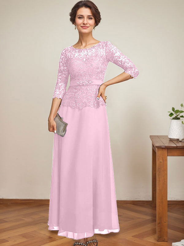 Vestido de gasa con encaje y escote en A, ilusión, largo hasta los tobillos, para madre de la novia con cuentas de diamantes de imitación