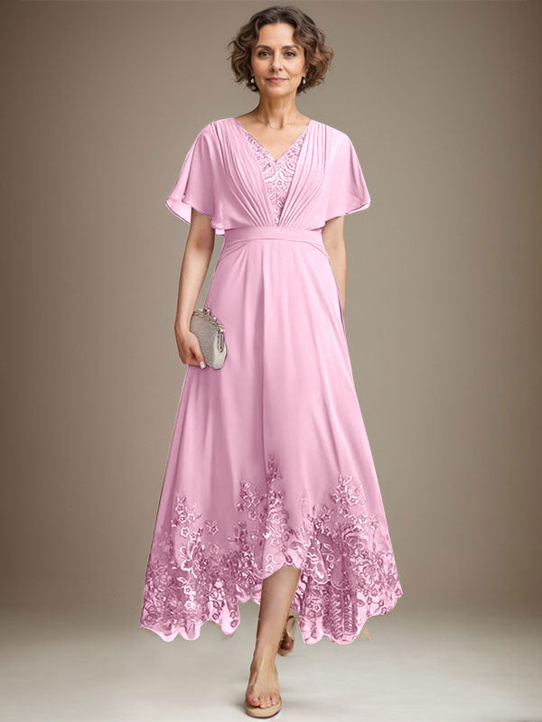 A-Linie V-Ausschnitt Asymmetrisches Spitzen-Chiffon-Kleid für die Brautmutter mit Plissee
