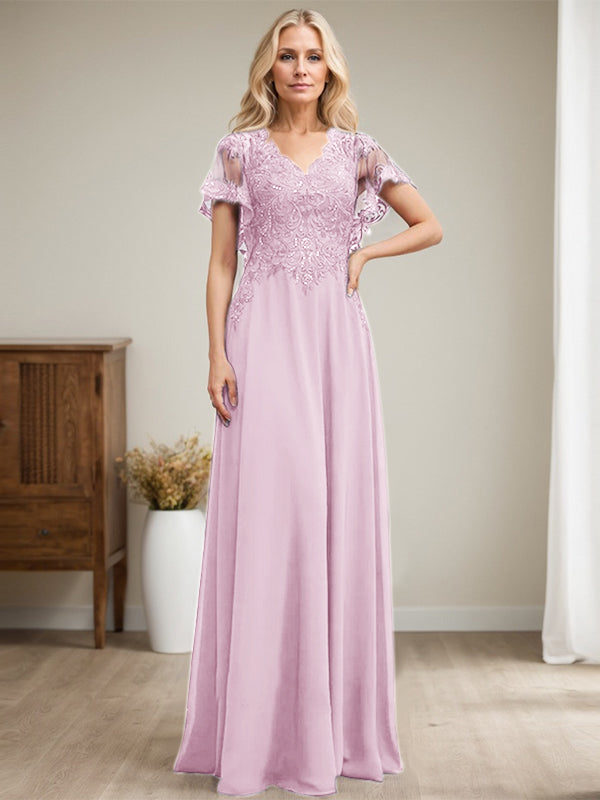 A-Linie V-Ausschnitt Bodenlanges Spitzen-Chiffon-Kleid für die Brautmutter mit Pailletten