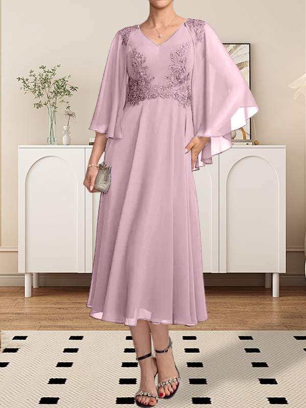 A-Linie, V-Ausschnitt, knielang, Chiffon, Spitze, Kleid für die Brautmutter mit Perlen und Pailletten