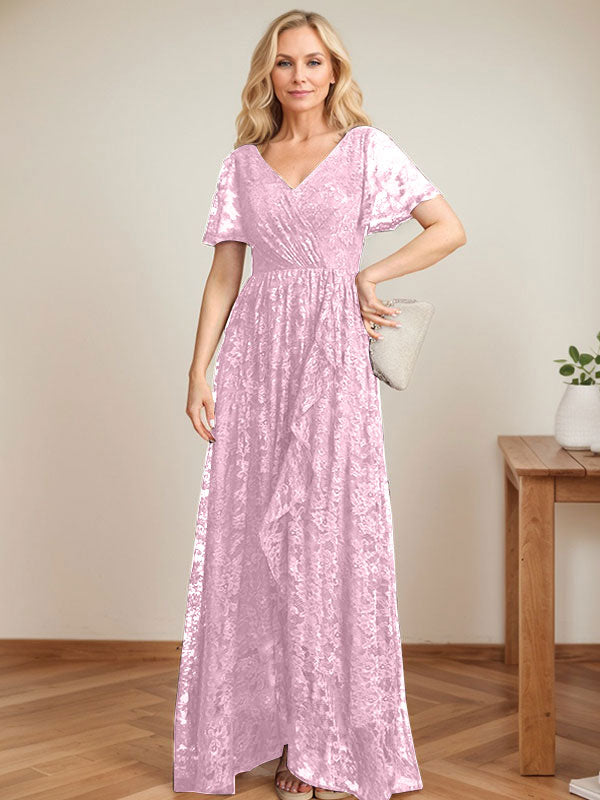 A-Linien-Kleid mit V-Ausschnitt, asymmetrischer Spitze für die Brautmutter mit kaskadierenden Rüschen