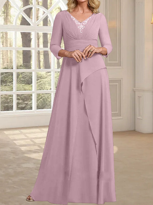 A-Linie, V-Ausschnitt, bodenlanges Chiffonkleid für die Brautmutter mit plissierter Perlenstickerei