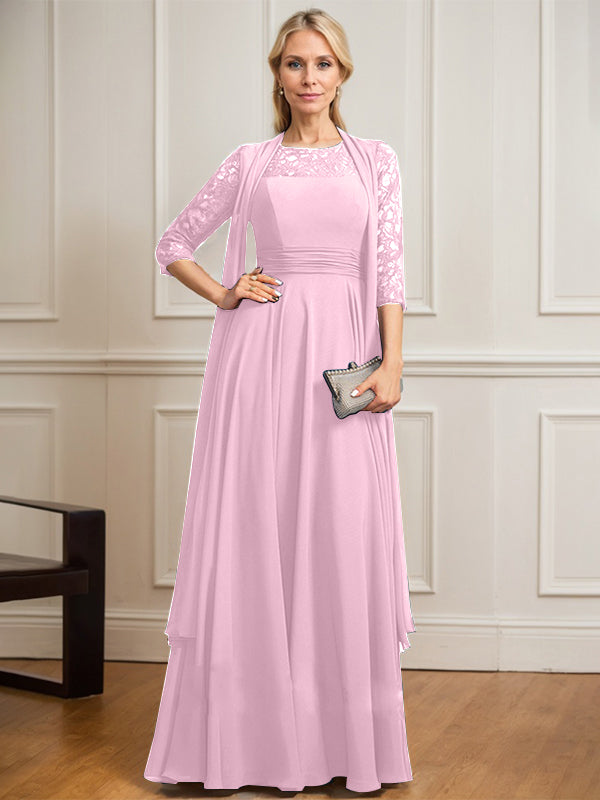 Vestido de gasa de encaje con ilusión de corte A hasta el suelo para madre de la novia con pliegues