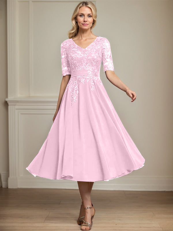 A-Linie V-Ausschnitt Wadenlanges Spitzen-Chiffon-Kleid für die Brautmutter mit Pailletten